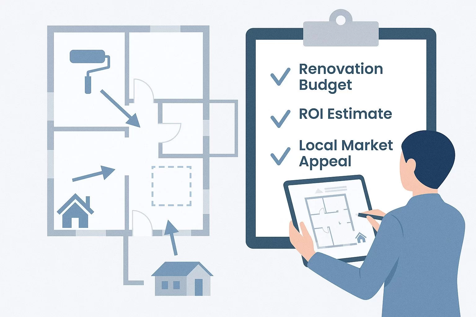 Illustrated renovation plans showing value-add upgrades like layout changes and budget-friendly improvements